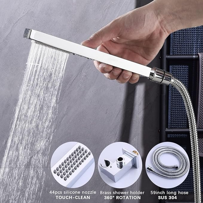 Digital Display Chrome Shower System with 12 inch Ceiling Mounted Shower Head and 8 inch Wall Mounted Shower Head, with Handheld Shower-PawvioPets