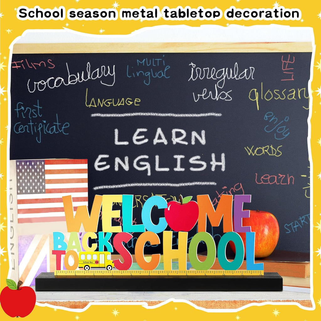Welcome Back to School Metal Sign First Day of School Table Decor Metal Word Sign with Wooden Base for Classroom Teacher Party Favor Supplies Tiered Tray Decor Shelf Tabletop Decorations