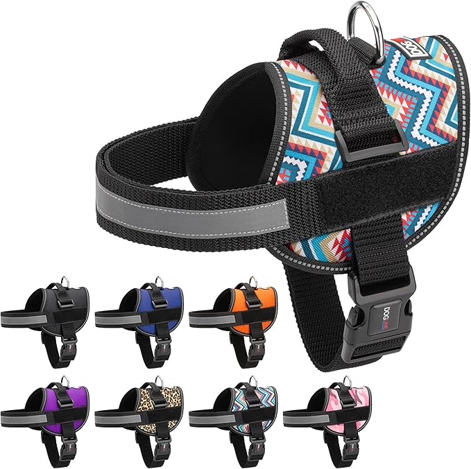Dogline Dog Harness, Reflective No-Pull Adjustable Vest with Handle for Walking, Training, Breathable, No - Choke Harness for Small, Medium or Large Dogs Room for Patches Aztec Design 2 XS 15"-18"-PawvioPets