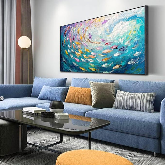 Fish Canvas Wall Art, Abstract School of Fish Canvas Wall Art, School of Fish Painting Canvas, School of Fish Wall Art, Fish Wall Decor, Fish Pictures Wall Decor, Bedroom Canvas Wall Decor (Black Framed, 30"x17" | 76x43cm)-PawvioPets
