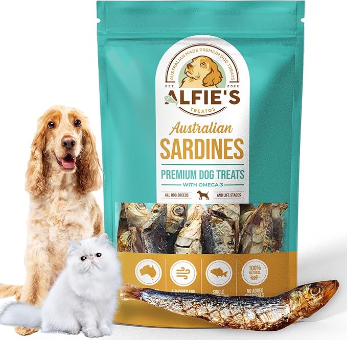 ALFIE'S TREATOS Sardines for Dogs & Cats (2.65 oz), Air-Dried Fish Dog Treats, Omega-3 Food Topper, Single Ingredient, Australian Wild-Caught, Freeze-Dried Alternative-PawvioPets