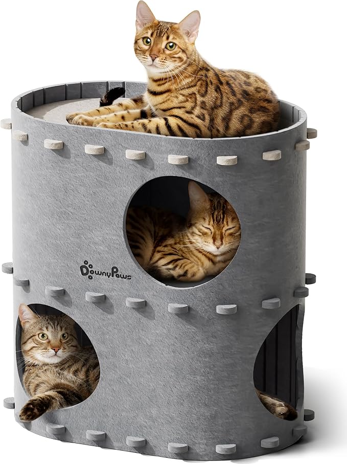 DownyPaws Cat House for Indoor Cats, 2-Storey Foldable Cat Bed Cave, Felt Cats Tunnel Bed Condo, Castle Kitten Cube Hideaway for Multicats, Scratch Resistant, Light Gray-PawvioPets