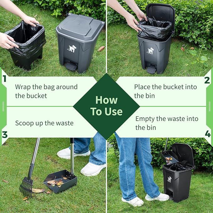Dog Pooper Scooper, Dog Poop Trash Can Set with Removable Inner Bucket, Long Handle Rake, 150 Waste Bags, Easy Pick Up Poop Scooper, 20L Dog Poop Trash Bin for Small/Large Dog Families-PawvioPets