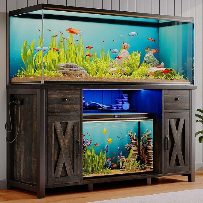 75 Gallon Fish Tank Stand with LED Light & Power Outlets, 55-75 Gallon Heavy Duty Metal Aquarium Stand with Drawers & Barn Doors, Cabinet for 2 Fish Tank Accessories Storage, Dark Oak-PawvioPets