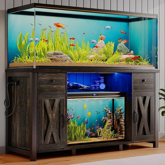 75 Gallon Fish Tank Stand with LED Light & Power Outlets, 55-75 Gallon Heavy Duty Metal Aquarium Stand with Drawers & Barn Doors, Cabinet for 2 Fish Tank Accessories Storage, Dark Oak-PawvioPets