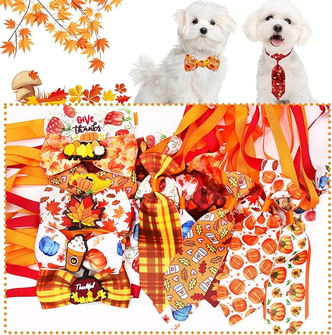 22pcs Fall Dog Bow Tie, Adjustable Bowtie Collar Attachment for Small Medium Pets, Bulk Neckties Set for Thanksgiving Day,Autumn Pet Supplies Charms Hair Costume Accessories(Maple Leaf, Pumpkin)-PawvioPets