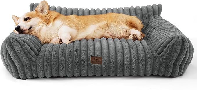 Bedsure Cute Dog Couch for Pets - Fluffy Dog Sofa with Premium Soft Corduroy Fleece, Small Dogs Couch Bed with Washable Cover, Supportive Pet Sofa Bed for Medium Large Dogs, 36inch, Warm Grey-PawvioPets