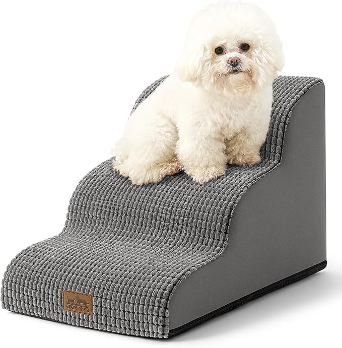 Dog Stairs for Small Dogs 15.7" H, Curved Dog Step for Puppy, Older Cat, Medium Pet Ramp for Sofa, Couch or Chair, Ladder with High Density Foam, 15.7x22.4x15.7 inch, 3 Step, Light Grey-PawvioPets