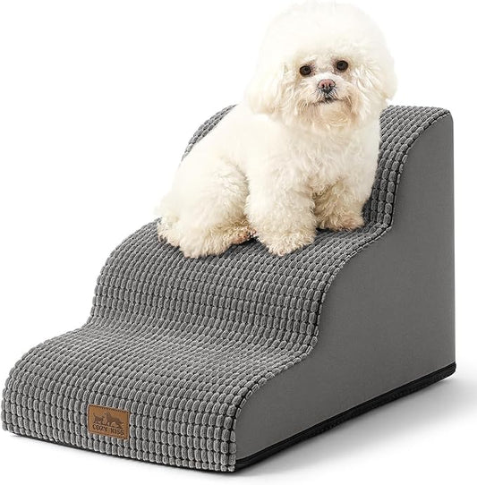 Dog Stairs for Small Dogs 15.7" H, Curved Dog Step for Puppy, Older Cat, Medium Pet Ramp for Sofa, Couch or Chair, Ladder with High Density Foam, 15.7x22.4x15.7 inch, 3 Step, Light Grey-PawvioPets