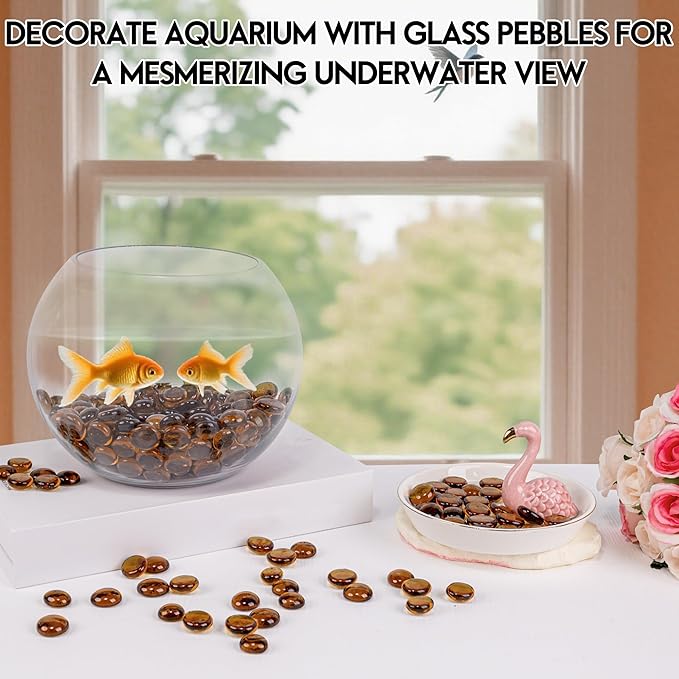 1LB Glass Marbles, Transparent and Smooth Flat Glass Beads for Vases, Mosaic Gem Pebbles for Aquarium Decor, Floral Arrangements, Mancala Stones, Vase Filler and Crafts, Brown-PawvioPets
