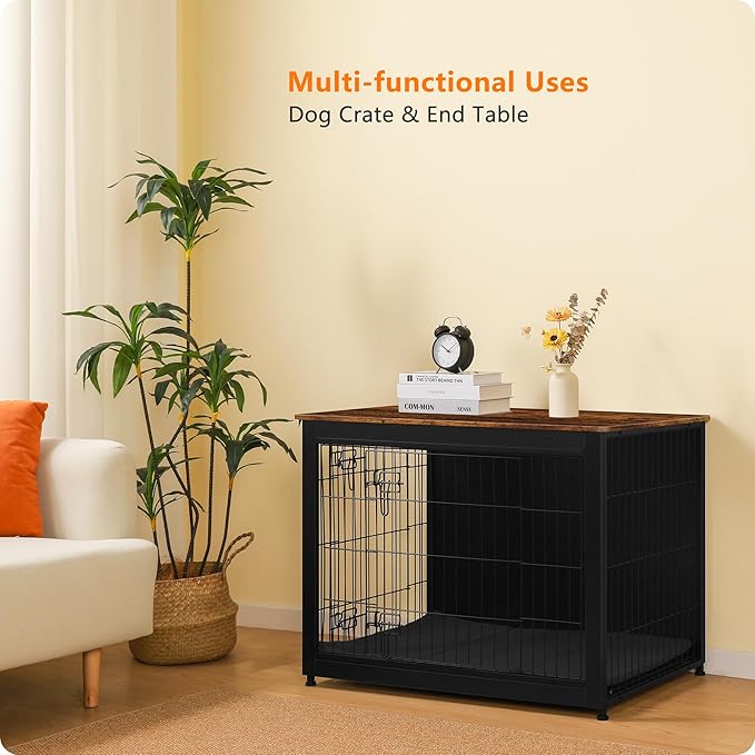 DWANTON Dog Crate Furniture with Cushion, Wooden Kennel Table with Double Doors, Indoor Dog House, Large Size, 38.5" L, Black+Rustic Brown-PawvioPets