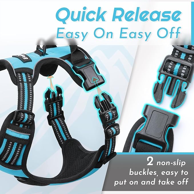 Eagloo Dog Harness Small Sized Dog, No Pull Service Vest with Reflective Strips and Control Handle, Adjustable and Comfortable for Easy Walking, No Choke Pet Harness with 2 Metal Rings, Sky Blue, S-PawvioPets