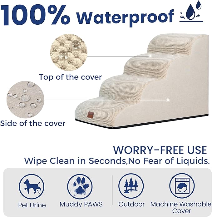 GoGoBunny Waterproof High Density Foam Curved Dog Stairs for High Beds Couches 19.7" H, 4-Step Ramp Dog Steps Friendly to Small Medium Dogs or Pets Joints, Non-Slip Balanced Durable Pet Step, Beige-PawvioPets