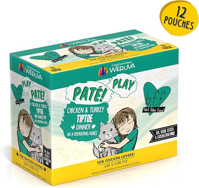 B.F.F. PLAY - Best Feline Friend Paté Lovers, Aw Yeah!, Chicken & Turkey Tiptoe with Chicken & Turkey, 3oz Pouch (Pack of 12)-PawvioPets