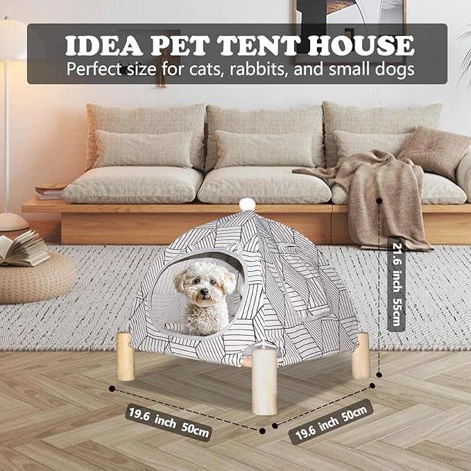 2-in-1 Elevated Cat Tent Cat House, Quick Assembly and Disassembly, Portable Indoor/Outdoor Cute Cat Bed Cave-White Diamond Pattern-PawvioPets