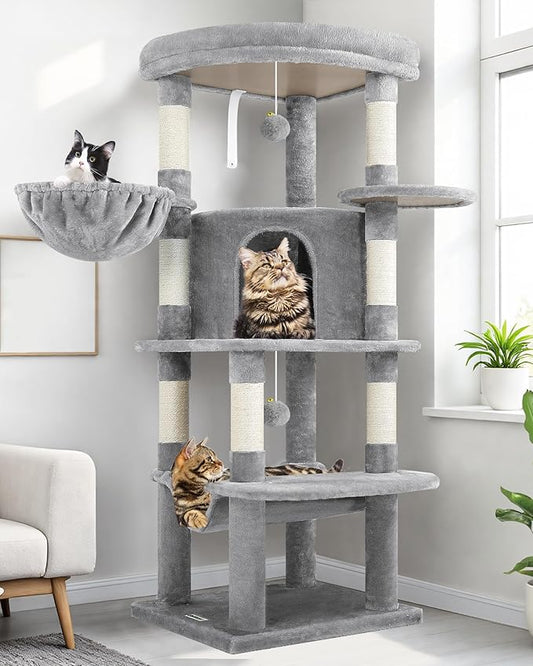 Globlazer Corner Cat Tree Tower for Indoor Cats, 51in Multi-Level Cat Condo Tower with Large Hammock, 7 Sisal Scratching Posts, Oversized Top Perch, Spacious Cat Cave, Hanging Basket, C51, Light Gray-PawvioPets