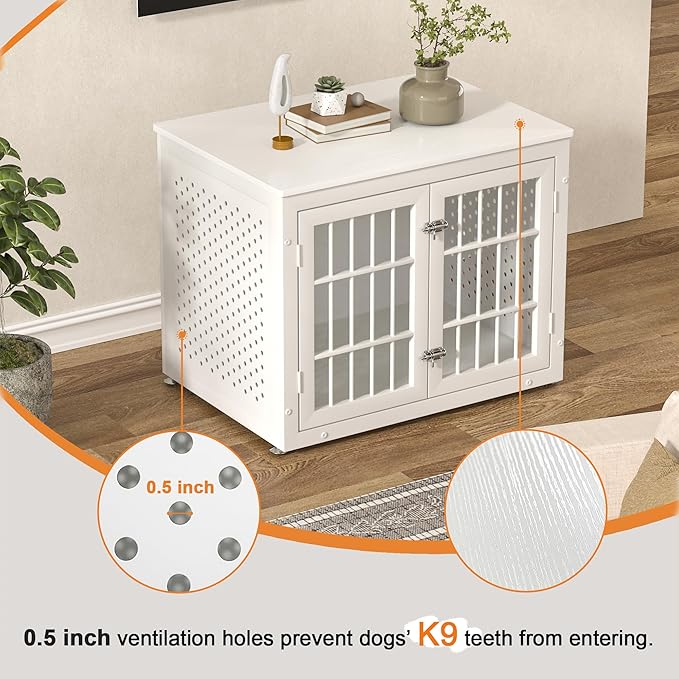 32" Heavy Duty Dog Crate Furniture for Small and Medium Dogs, Metal Kennel for High Anxiety Dogs, Chew Proof Pet Cage Indoor, Decorative Dog Kennel End Table, White-PawvioPets
