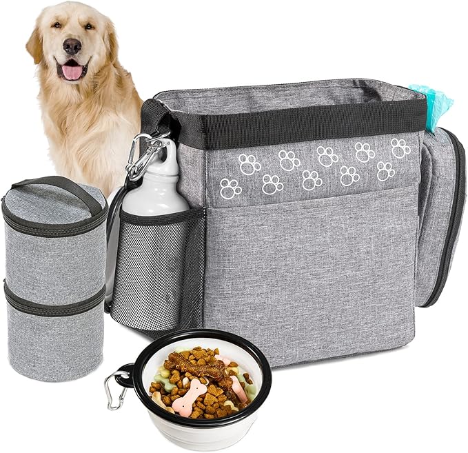 Dog Travel Bag with Treat Pouch, Airline Approved Dog Bags for Traveling, 2 Dog Food Travel Container, 2 Travel Bowls, Weekend Dog Travel Bag for Supplies, Dog Travel Kit Accessories-PawvioPets