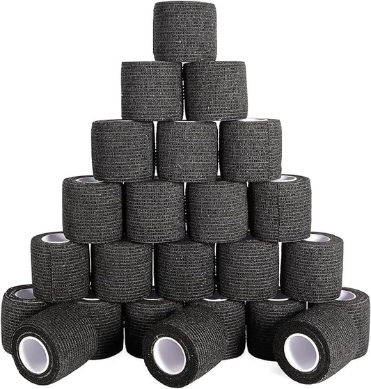 24 Pack Self Adhesive Bandage Wrap, 2” x 5 Yards Elastic Cohesive Bandage Wrap Black Athletic Tape Grip Tape for Ankle, Wrist Sprains, Sports Injuries & Pet First Aid | Medical Sports Tape-PawvioPets