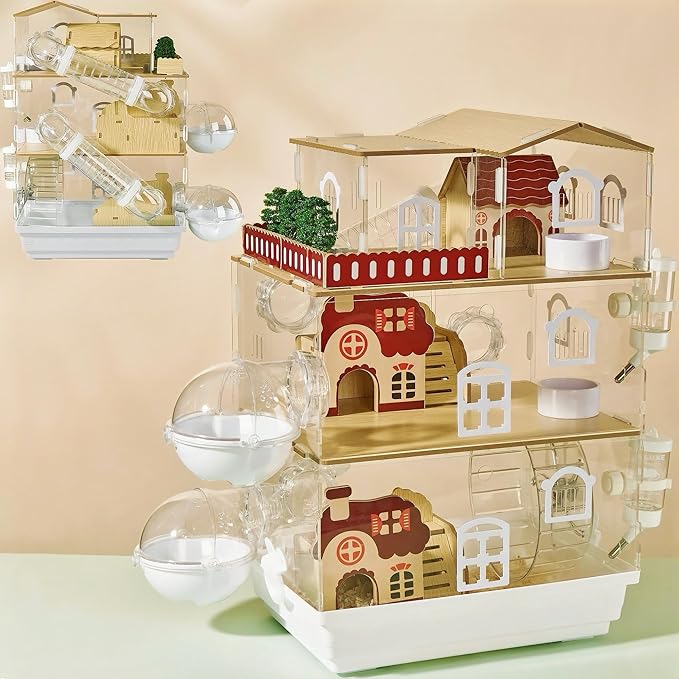 17 in 1 Clear Acrylic Hamster Cage with All Accessories,13.5''L* 10''W* 21''H Dwarf Hamster Cage,Magnetic Connection Small Hamster Enclosure,Garden Style Wooden Mouse Cage for Pet Mice(3-Layer,White)-PawvioPets
