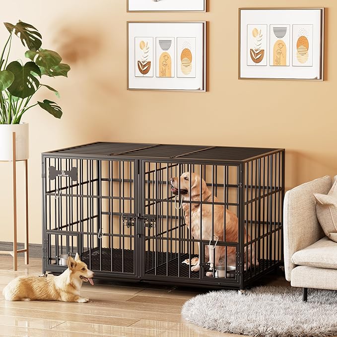 54 inch XL Dog Crate for Large Dog/Double Medium Dogs,Heavy Duty Metal Dog Cages,All Metal Open Top,Dog Kennel Indoor with Wheels,Floor Grid, Tray, Divider and Feeding Bowl-PawvioPets