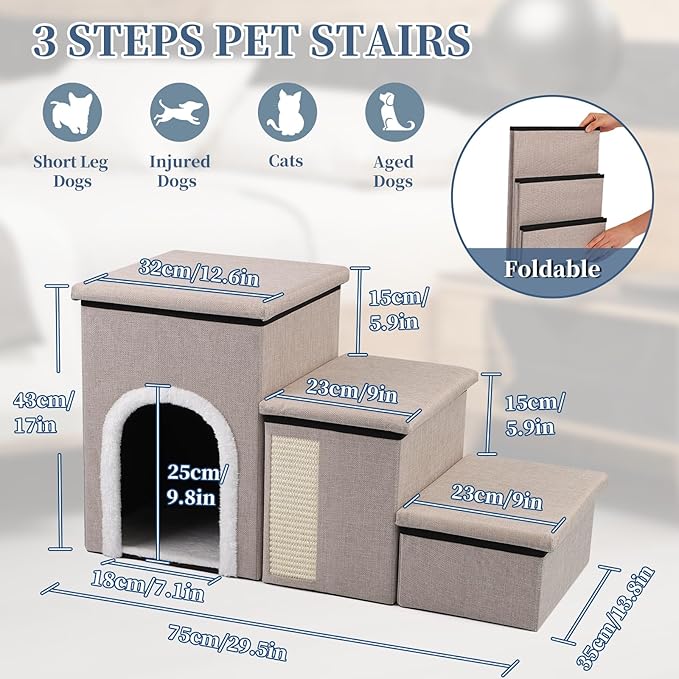 Dog Steps for Bed and Couch, 17”H Foldable Dog Stairs for Small Older Dogs Cats, Adjustable Pet Cat Stairs Ramps with Storage with Condo, Scratcher, Hold Up to 180LBS, Pet Cat Steps Beige-PawvioPets