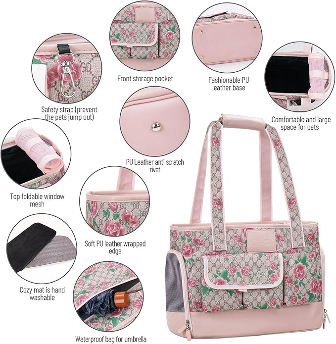 Dog Carrier, Cat Carrier, Pet Carrier, Foldable Waterproof Premium PU Leather Oxford Cloth Dog Purse, Portable Tote Bag Carrier for Small to Medium Cats and Small Dogs (Flower Pattern)-PawvioPets