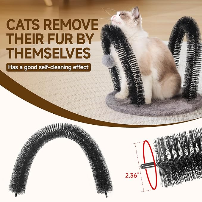 Cat Arch Self Groomer Massager, Kitty Grooming Brush with 2 Brushes and Heavy Plush Base, Cat Face and Back Scratchers, Scratching Post for Indoor and Outdoor Cats with 2 Plush Balls-PawvioPets