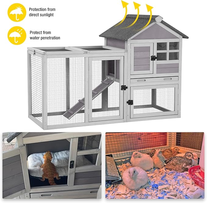 Aivituvin Rabbit Hutch Indoor Bunny Cage Outdoor with Run Chicken Coop Guinea Pig House with Waterproof Asphalt Roof,No Leakage Pull Out Tray-PawvioPets