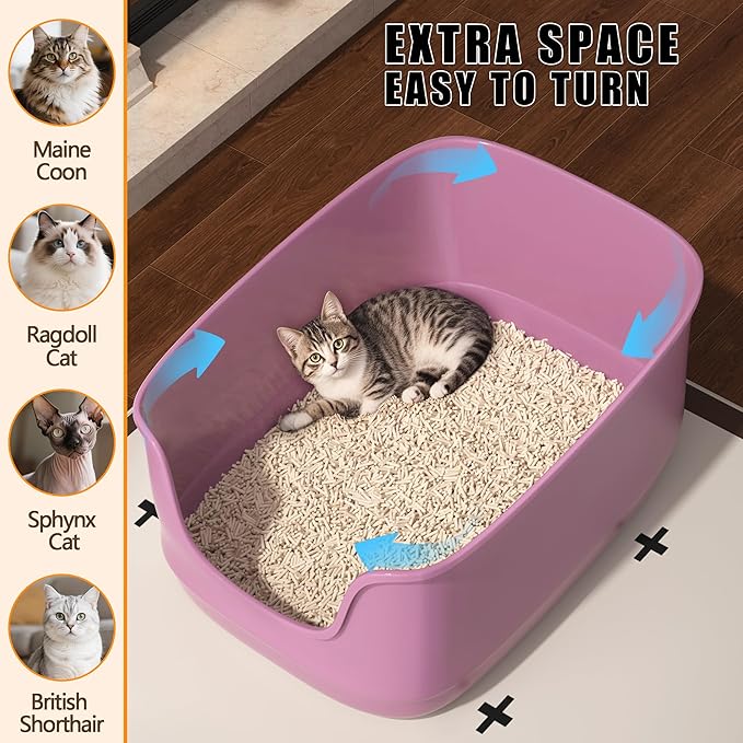 Gefryco Large Cat Litter Box with High Sided 24.6"x18.3"x12.2" - Jumbo Extra Large Open Anti - Splashing High Wall for Multiple Cats (Pink)-PawvioPets