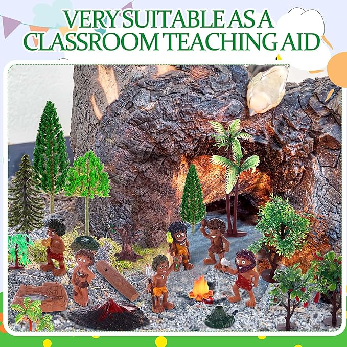 27 Pcs Primitive Man Figurines Kit, Include Diorama Supplies Mini People Figures Mixed Model Trees Stone Sand for Diorama Box Educational School Project Gift-PawvioPets