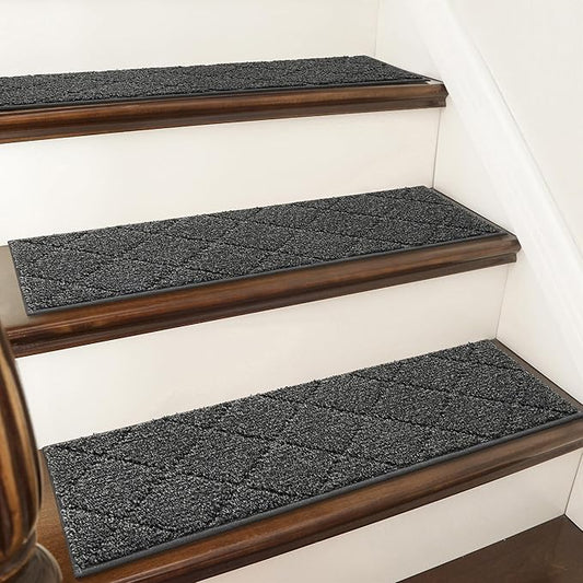 COSY HOMEER Edging Stair Treads Non-Slip Carpet Mat 28inX9in Indoor Stair Runners for Wooden Steps, Edging Stair Rugs for Kids and Dogs, 100% Polyester TPE Backing (10pc, Black)-PawvioPets