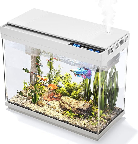 Fish Tank 2.4 Gallon Aquarium Kit with Humidifier 7-Color Auto-Looping 3 in 1 Quiet Pump with Filteration & Oxygenation & Circulation, Temperature Display, HD Glass-PawvioPets