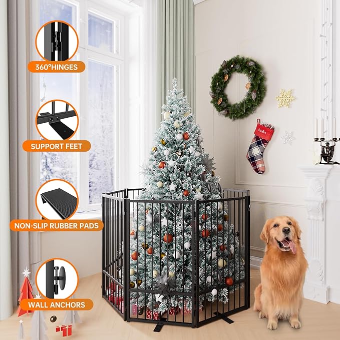 Full Metal Freestanding Dog Gate with Door, 36''Height Foldable Pet Dog Fence for Indoor & Outdoor, 8 Panels Extra Wide Free Standing TallDog Gates for Doorways,House,Stairs,Porch,Deck,Yard-PawvioPets