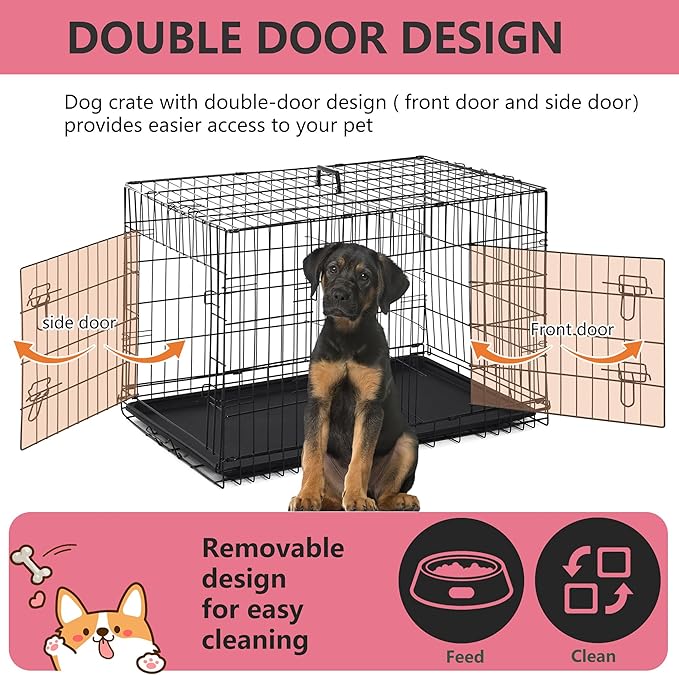 FDW Extra Large Dog Crate Dog Kennel Cage with Double Door,48 inch Folding Metal Wire Dog Cage with Removable Tray&Divider Panel,Pet Crate for Large Dogs,Black-PawvioPets