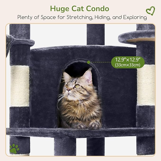 Globlazer Corner Cat Tree Tower for Indoor Cats, 51in Multi-Level Cat Condo Tower with Large Hammock, 7 Sisal Scratching Posts, Oversized Top Perch, Spacious Cat Cave, Hanging Basket, C51, Dark Grey-PawvioPets