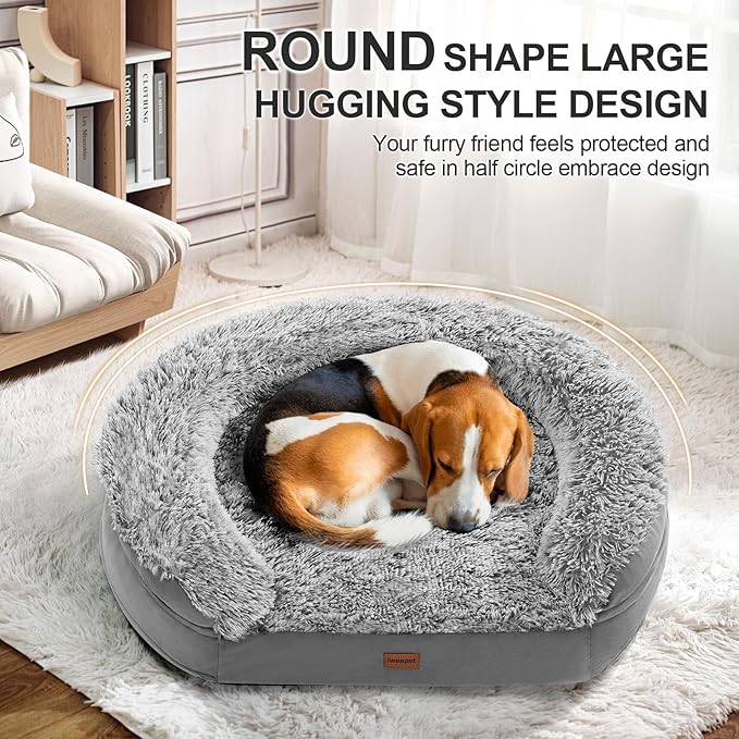 3.7 inch Thickened Orthopedic Dog Beds for Medium Dogs, Supportive Dog Sofa Bed with 28D Egg-Crate Foam, Removable Washable Plush Cover, Waterproof Lining, Half-Round Design for Puppy,Senior Dog-PawvioPets