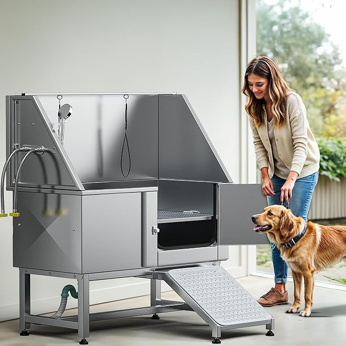 DWVO Professional Pet Dog Bathing Station for Grooming, 50'' Dog Grooming Bathtub with Right Ramp, Floor Grate, Faucet, Showerhead & Soap Holder for Large, Medium & Small Pets-PawvioPets