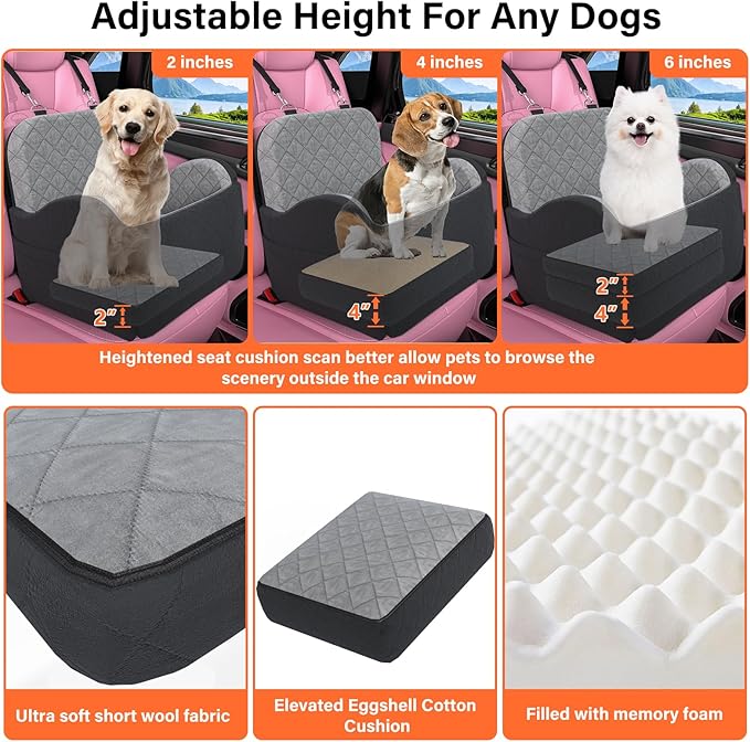 Dog Booster Car Seat, 6in Memory Foam Adjustable Booster Cushion for Small/Medium Dogs, Detachable and Washable Dog Car Seat with Cooling Mat, Pet Booster Seat with Storage Pockets, 2 Safety Belts-PawvioPets