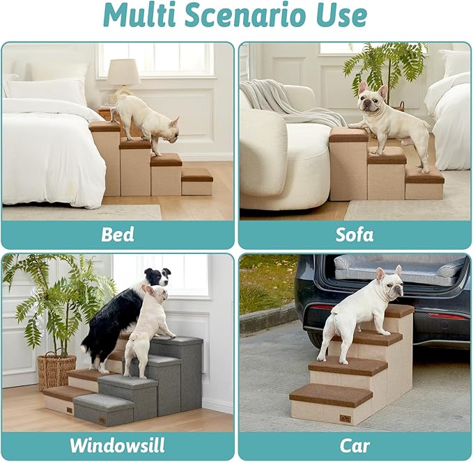 Dog Stairs with Storage, 4-Step Wider Sturdy Dog Steps for Small/Medium/Large Dogs and Older Cats, Folding Doggie Ramp for Bed/Couch/Car Hold Up to 180 lbs (22" H, Brown)-PawvioPets