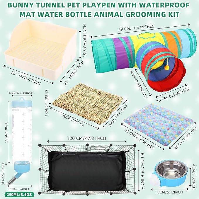 104 Pcs Rabbit Starter Kit Litter Box Bunny Tunnel Pet Playpen with Waterproof Mat Water Bottle Animal Grooming Kit Bowl Blankets with Cleaning Set for Guinea Pig Rabbit Accessories-PawvioPets