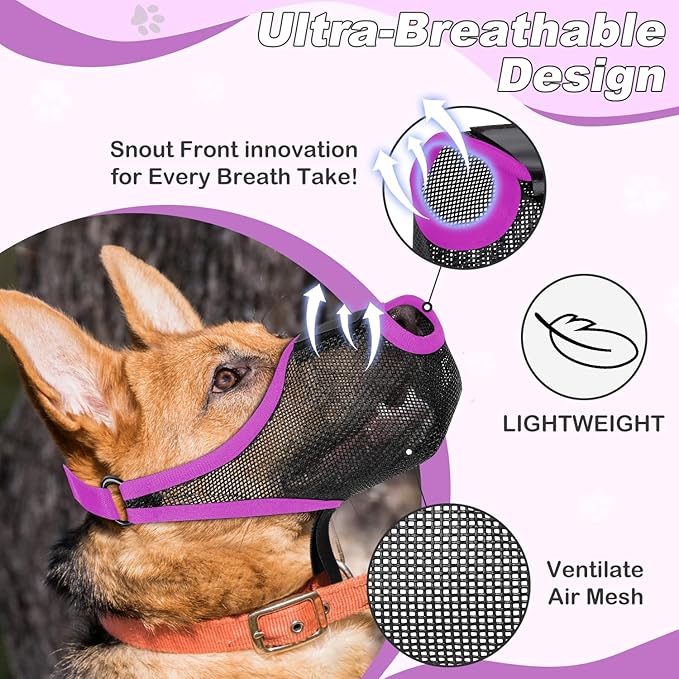 Dog Muzzle, Soft Air Mesh Muzzle for Small Medium Large Dogs Anti Biting Barking Chewing Scavenging, Breathable Adjustable Loop Pets Muzzle with Front Opening Design Allows Panting Drinking(Purple,XL)-PawvioPets