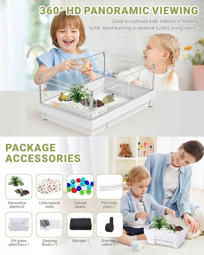 GOZILLA Small Turtle Tank, Acrylic Turtle Tank Starter Kit, Reptile Habitat and Terrarium with Multi-Functional Areas for Tortoise, Crab, Crayfish, Small Reptile.(Black Tank)-PawvioPets