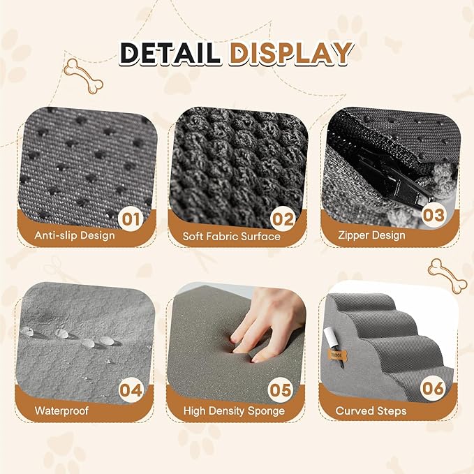 Dog Stairs, Romrol Dog Steps Ramp for High Bed and Couch, Dogs Ramp with Durable Non-Slip Waterproof Fabric Cover, Pet Stairs for Small Dogs and Cats or Pets Joints, 4-Tiers,Grey-PawvioPets