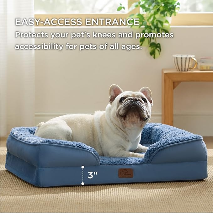 Bedsure Orthopedic Dog Bed Medium Size Dogs - Washable Medium Dog Cat Bed Waterproof, Comfort Pet Couch Sofa with Washable Removable Cover, Pets Bed with Nonskid Bottom, Plush-Blue, 28"-PawvioPets
