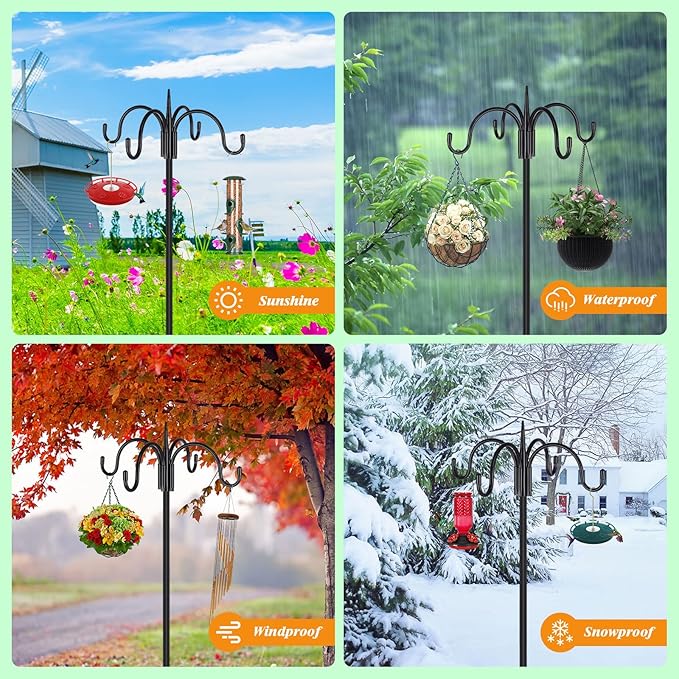 FEED GARDEN 76 Inch Four Shepherd Hooks for Outdoor,Bird Feeder Pole with 5 Prong Base, Adjustable Shepard Hooks for Hanging Plant, Solar Lanterns, Wind Chimes, 2 Pack-PawvioPets