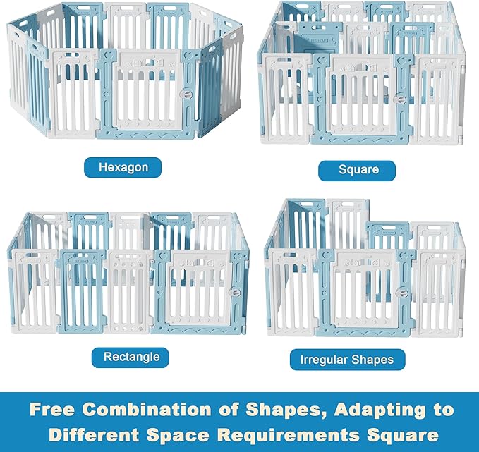 2 Room Dog Playpen with Door,DIY Shape Combination Puppy Pen,16-Panel+2 Link Piece+Large Door+Small Door,25.5" H Dog Fence,Non-Slip&Secure Pet Gate,Easy to Assemble,Blue+White-PawvioPets