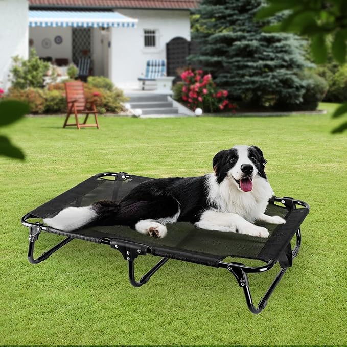 Elevated Dog Bed, Foldable Pet Bed with No Assembly, Cooling Raised Bed with Breathable Mesh, No-Slip Feet Durable Dog Cots Beds for Indoor & Outdoor Use, Black (L:43"x23"x7")-PawvioPets