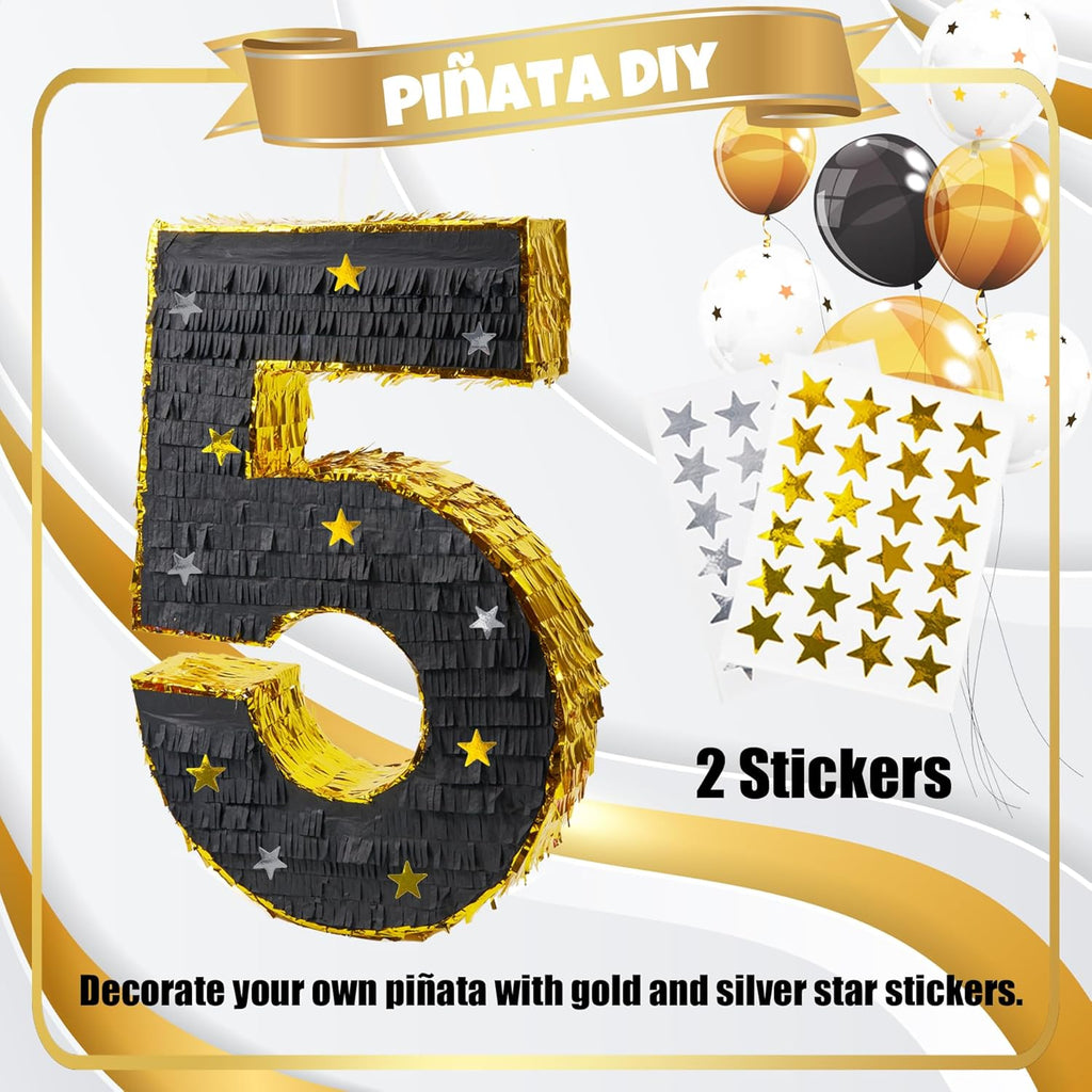 PCFING 20 Inch Number 5 Piñata Gold Black with 30 Inch Piñata Stick Blindfold Confetti for Man Women Boys Girls Birthday Party Decorations, Anniversary Celebration, Fiesta