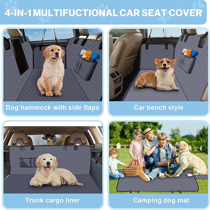 Dog Car Seat Cover for Back Seat, Waterproof Protector with Side Flaps, Scratchproof Hammock, Non-Slip Bottom for Cars/Trucks/SUVs (Grey)-PawvioPets